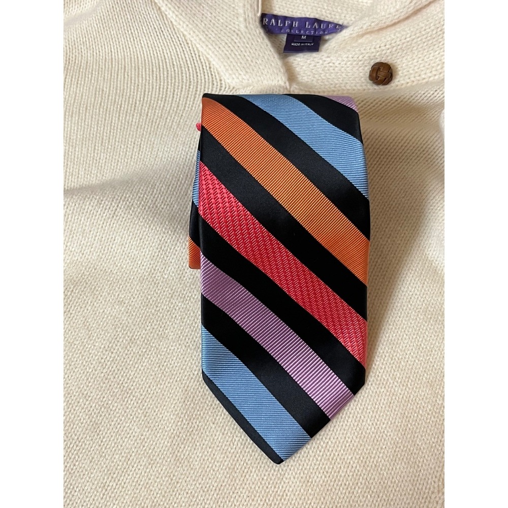 Dion Signature Men's Italian Silk Striped Necktie Black Red Orange‎ Blue Purple